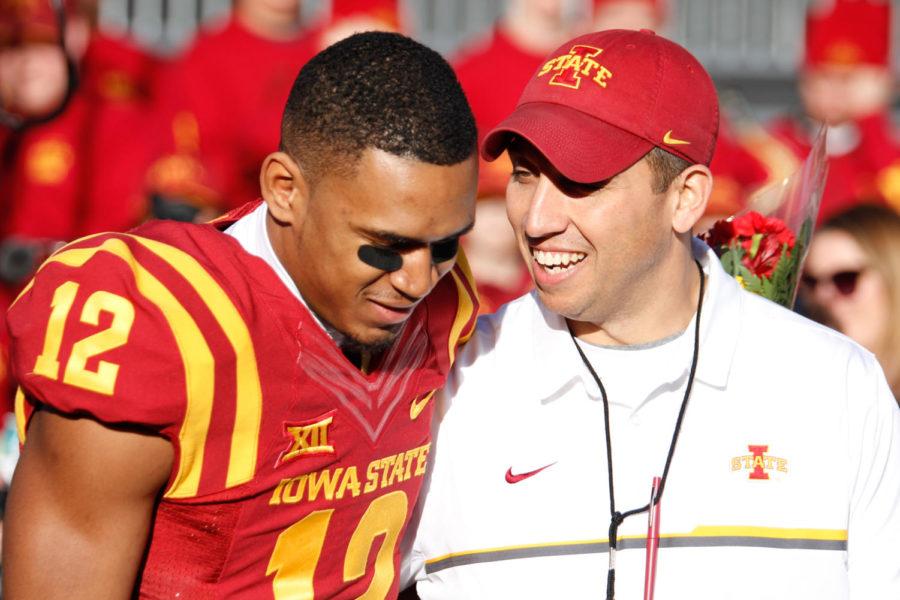 Iowa State head football coach Matt Campbell congratulates defensive back Jarnor Jones as his name is called for senior night before Iowa States game against West Virginia on Nov. 26 at Jack Trice Stadium. West Virginia defeated Iowa State by a final score of 49-19.