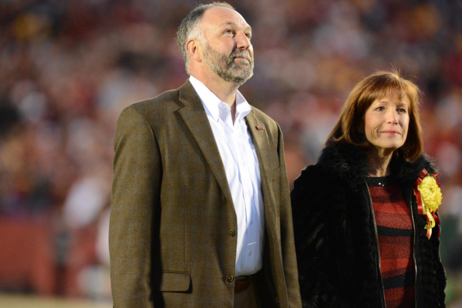Iowa State President Steven Leath and Iowa State first lady Janet Leath attend the Cytennial Homecoming game against Baylor on Oct. 27, 2012, at Jack Trice Stadium.
