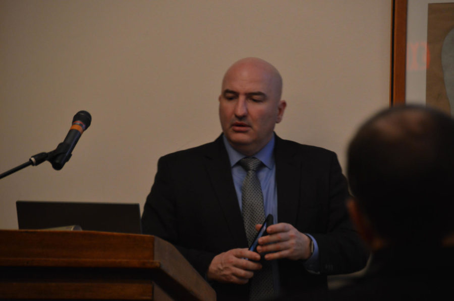 Thomas Phillips, the final applicant for the new Iowa State chief of police, gives his presentation on college policing in the 21st century during the open forum on Feb. 10. The forum was held in the Gold Room of the Memorial Union. 