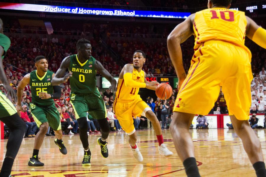 Senior Monte Morris drives towards the basketball during a game against #9 Baylor, Saturday afternoon in Hilton Coliseum. After being tied at halftime, the Cyclones pulled off the upset, winning 72-69, and improved to 19-9 overall (11-5 in conference).