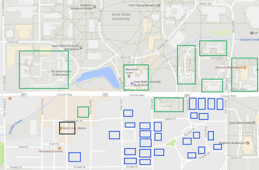 An ISU Alert was not distributed following the shooting in Campustown on Sunday morning. Green boxes illustrates University housing. Blue indicates Greek housing. Black shows where Ames Police blocked off the crime scene. This map highlights a majority of University housing and Greek housing, but not all according to Google Maps. 