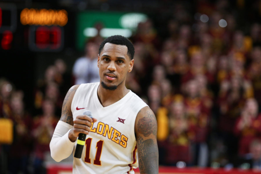Monte Morris gives his senior night speech after defeating OSU 86-83 Feb. 28.
