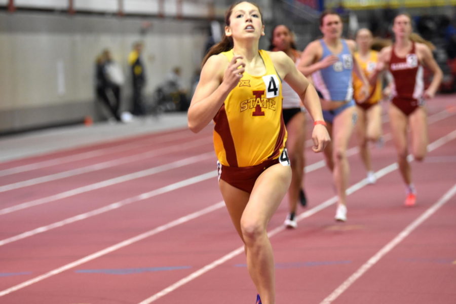 Sophomore Jasmine Staebler runs in the womens 800-meter run at the Iowa State Classic on Feb. 13, 2016.