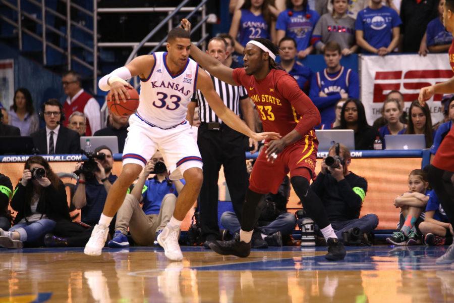 Solomon Young guards Kansas Landon Lucas at Allen Fieldhouse in Lawrence, Kansas on Feb. 4, 2017. Iowa State beat Kansas 92-89 in overtime, the Cyclones first win in Lawrence since 2005.