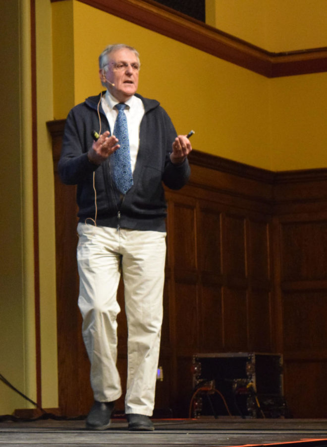 Dan Shechtman, an Iowa State distinguished professor of materials science and engineering and research scientist at Ames Laboratory, speaks on technological entrepreneurship Feb. 6 in the Great Hall. 