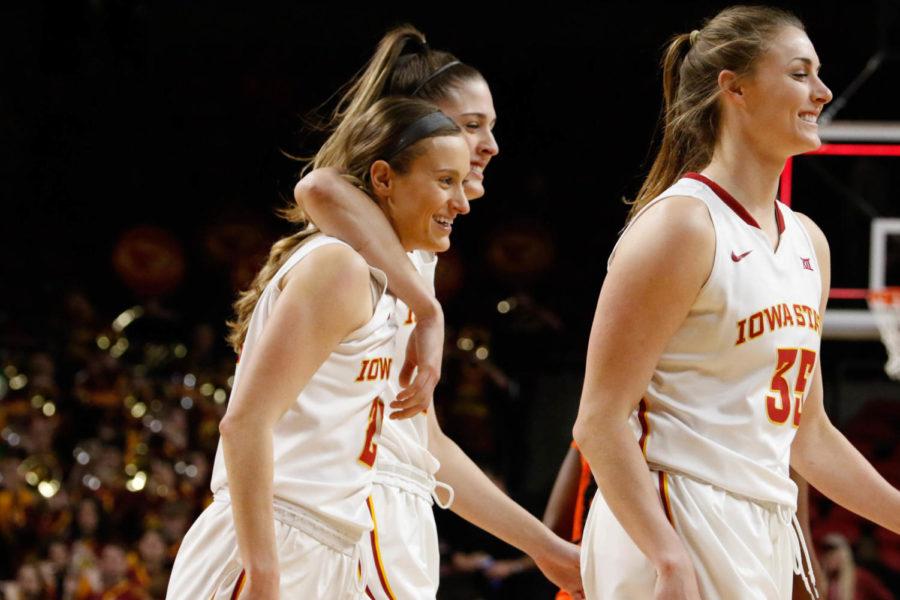 Claire Ricketts embraces Lexi Albrecht following Albrecht's final game in Hilton Coliseum. 