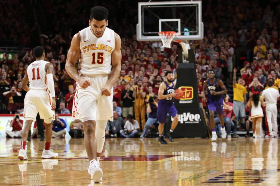 Iowa State senior Nazareth Mitrou-Long celebrates a three-pointer during the game against TCU Feb. 18, 2017. Mitrou-Long finished with 25 points, contributing to the Cyclones 84-71 win over the Horned Frogs.