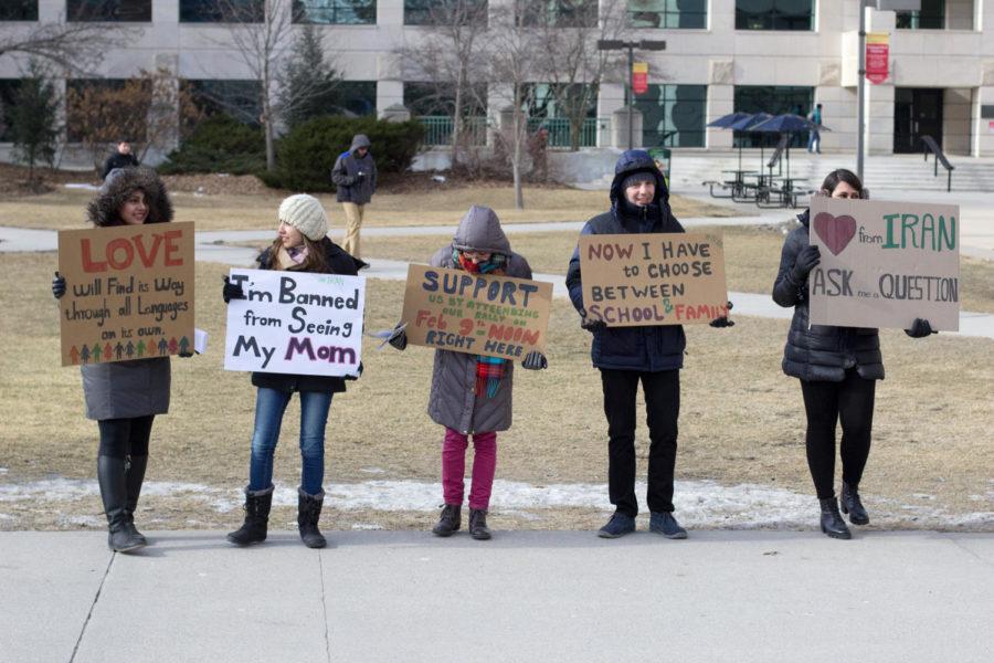 Iowa State students protest President Trump's immigration hold on Feb. 2 outside Parks Library.