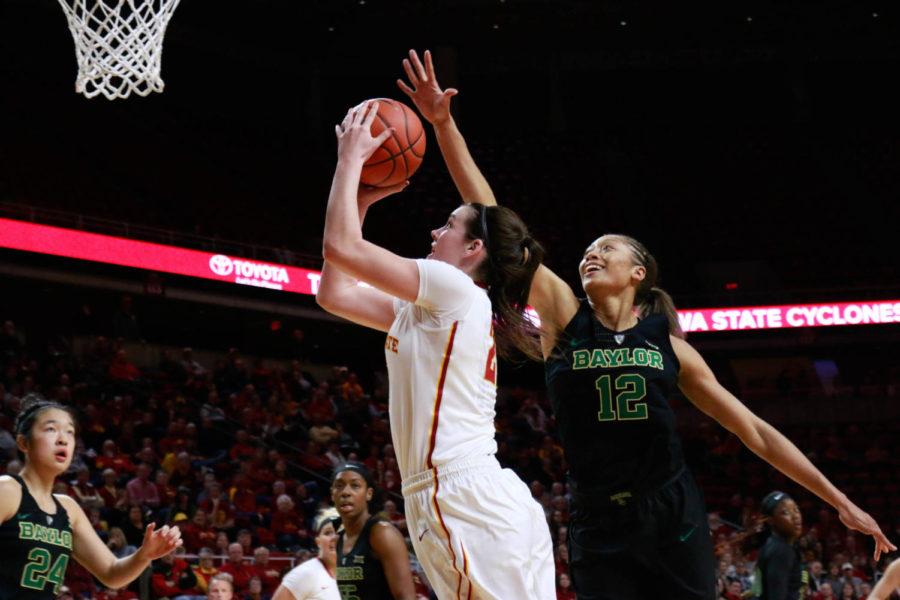Sophomore Bridget Carleton goes for a layup during Iowa States 83-52 loss to No. 2 Baylor. Carleton finished with seven points for the Cyclones. 