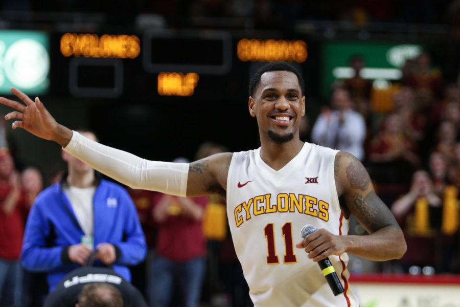 Iowa State senior Monte Morris addresses the crowd during his senior speech following the game against OSU Feb. 28. Morris finished with 12 points in Iowa States 86-83 win. 