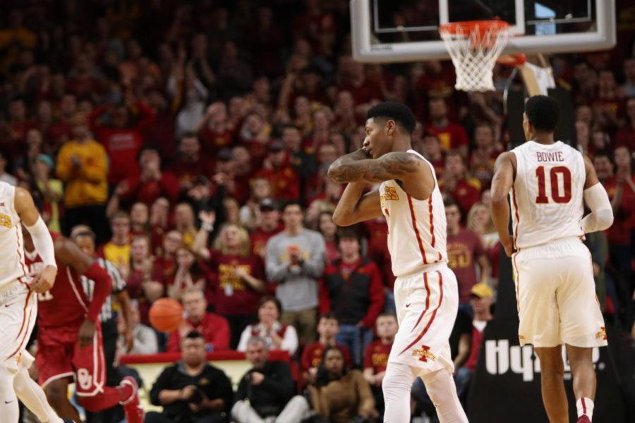 Iowa State junior Donovan Jackson celebrates after hitting one of his two threes against Oklahoma in Hilton Coliseum.