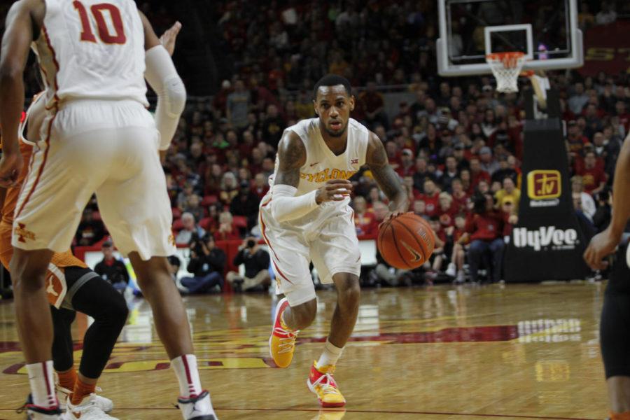Iowa State senior Monte Morris drives past his defender during the first half against Texas in Hilton Coliseum.