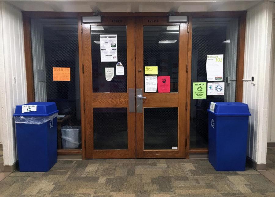 Recycle bins in Willow Hall are used by residents to help separate different forms of trash.