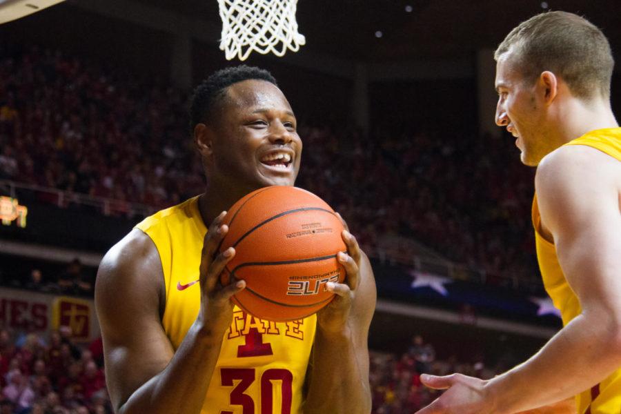 Redshirt senior Deonte Burton laughs after committing a foul during a game against #9 Baylor, Saturday afternoon in Hilton Coliseum. After being tied at halftime, the Cyclones pulled off the upset, winning 72-69, and improved to 19-9 overall (11-5 in conference).