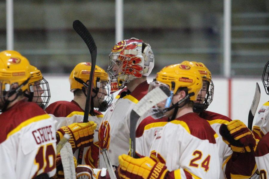 The Cyclones celebrate a 6-2 victory over Utah Feb. 10. 