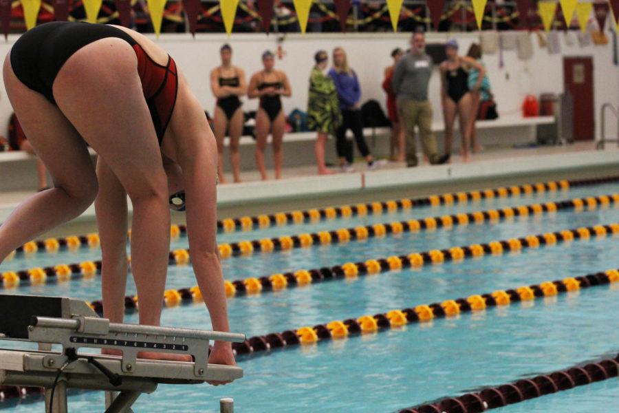 Iowa State Senior Maddie Rastall prepares to swim the 50-yard freestyle. Rastall finished second with a time of 24.29.
