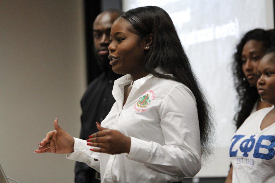 Iowa State junior Zakia Brown talks during the National Pan-Hellenic Council (NPHC) 101 meeting. The meeting was for prospective members. 