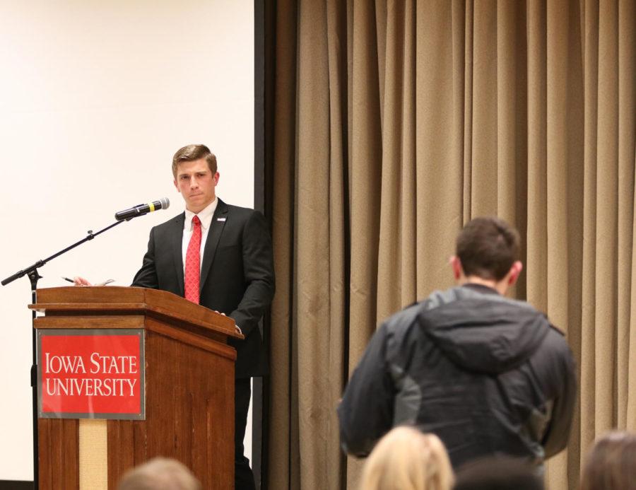Cole listens to a students question.  On Tuesday Nov. 29 the ISU President, Cole Staudt, addressed the public about topics like dead week, mental health, underage drinking, and tuition increase.  Following the speech he opened up the floor to a town hall event where students could discuss ways to unify campus and decrease racial discrimination. 