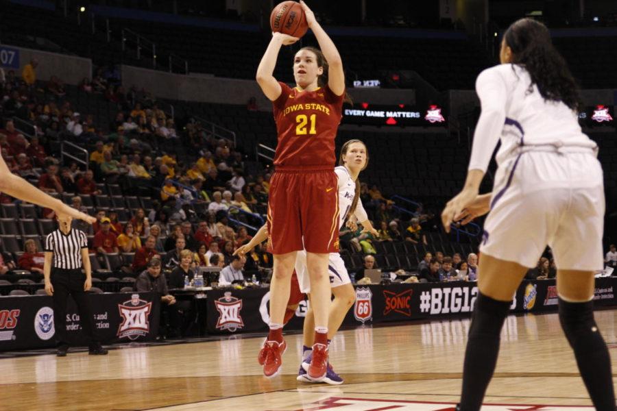 Iowa State sophomore Bridget Carleton pulls up for a mid range shot against Kansas State at the Big 12 tournament in Oklahoma City.