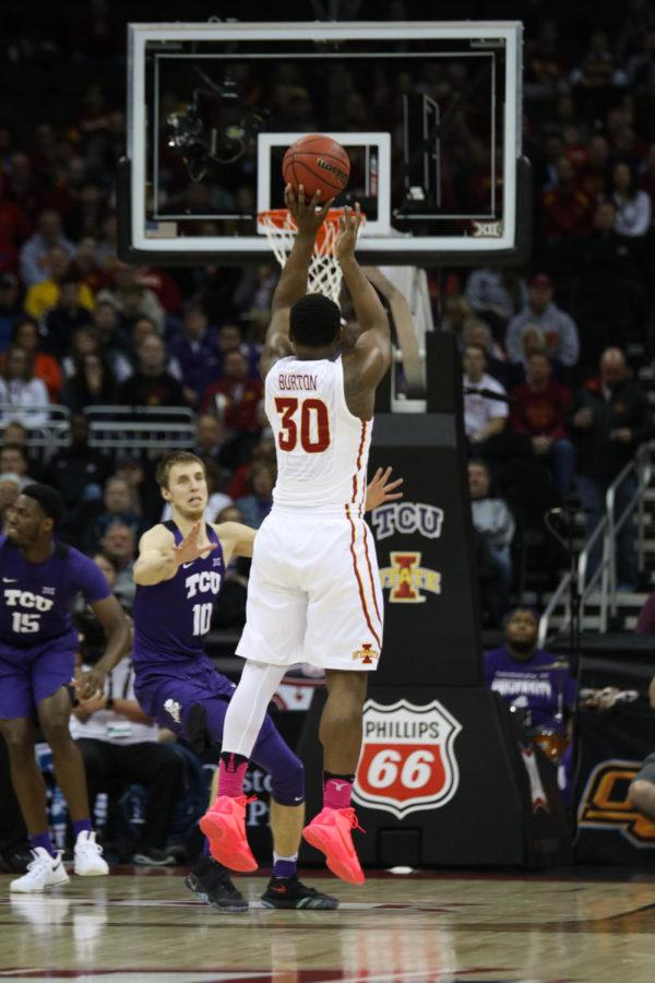 Iowa State senior Deonte Burton shoots a three-pointer during the Cyclones semifinal game against TCU at the Big 12 Championship in Kansas City, Missouri March 10, 2017. Burton contributed 22 points in the Cyclones 84-63 win over the Horned Frogs. 
