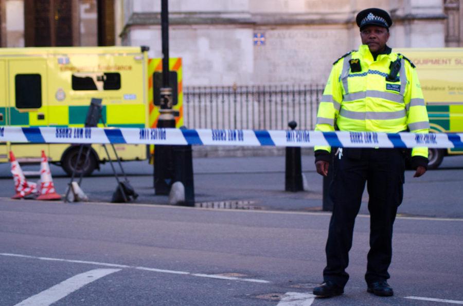 A view of the blocked off street and the Westminster Abbey after the attack in London, England on March 22. Police had barricaded the surrounding areas around Big Ben and the Houses of Parliament. 