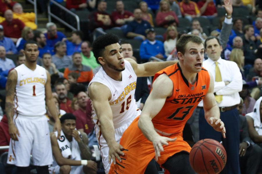 Iowa State senior Nazareth Mitrou-Long defends Oklahoma State's Phil Forte during the Cyclones' first round game for the Big 12 Championship at the Sprint Center in Kansas City, Missouri March 9. Mitrou-Long contributed 14 points in the Cyclones' 92-83 win over the Cowboys. 