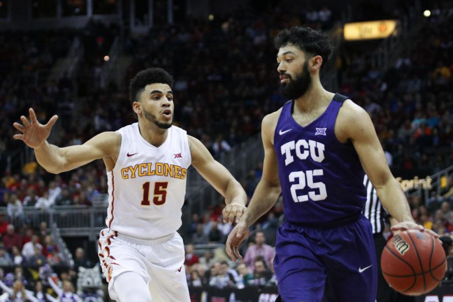 Iowa State senior Nazareth Mitrou-Long reaches for TCUs Alex Robinson during the Cyclones semifinal game against TCU at the Big 12 Championship in Kansas City, Missouri March 10, 2017. Mitrou-Long contributed 11 points in the Cyclones 84-63 win over the Horned Frogs. 