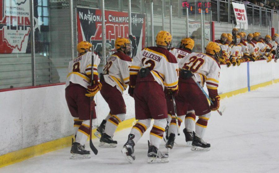Cyclone Hockey celebrates a goal in 3-2 victory over the Colorado Buffaloes to move on to the quarterfinals.