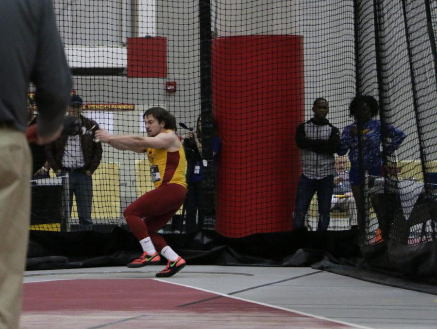 ISU sophomore Chris Celona competes in the mens weight throw during the Big 12 Indoor Championships at the Lied Rec Center on Feb. 26. Celona would go on to place eighth with a best throw of 17.37 meters. 