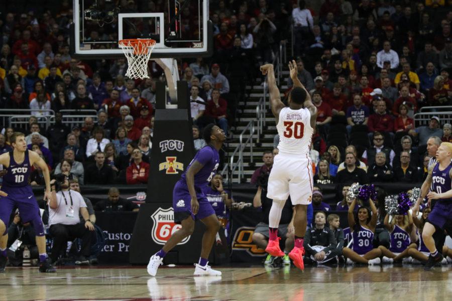 Iowa State senior Deonte Burton shoots a three-pointer during the Cyclones semifinal game in Kansas City, Missouri for the Big 12 Championship March 10. 