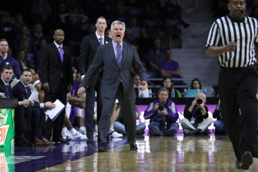 Kansas State coach Bruce Weber yells at the officials after a call Feb. 15, 2017, at Bramlage Coliseum in Manhattan, Kansas. Iowa State beat Kansas State 87-79.