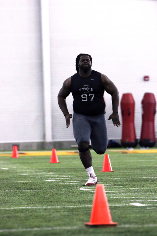 Iowa State defensive lineman Demond Tucker participates in the 40-yard dash at Iowa States Pro Day on March 28, 2017 at the Bergstrom Football Complex. 
