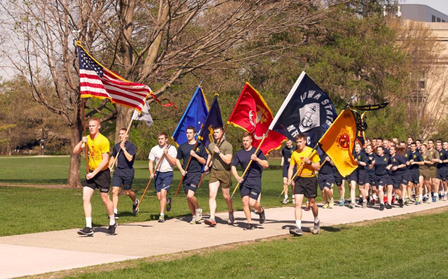 Members from multiple branches of the ROTC program ran around campus as a celebration of the years graduating seniors have spent at ISU April 23, 2015. The run around campus symbolizes the journey that these students have taken as they progressed through the ROTC program.