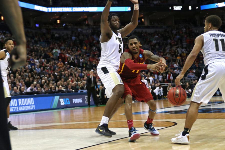 Monte Morris has the ball stripped away from him while driving through the lane against Purdue in the second round of the NCAA Tournament on March 19, 2017, in Milwaukee, Wisconsin. Iowa State fell to the Boilermakers 80-76, ending its season.