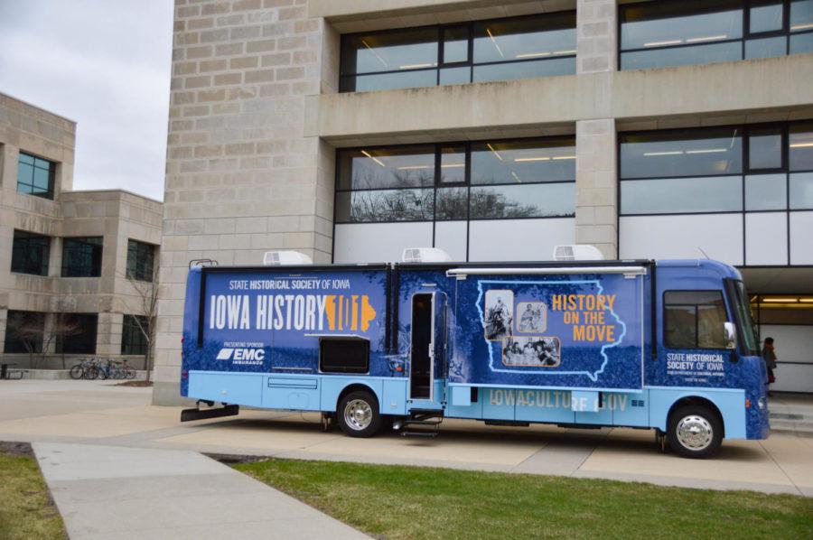 The mobile museum of the State Historical Museum of Iowa is parked outside of Parks Library on Tues. March 28. Called "Iowa History 101," this mobile museum is a 38-foot, custom-built Winnebago that travels Iowa's highways and backroads to share stories of the state's past. 