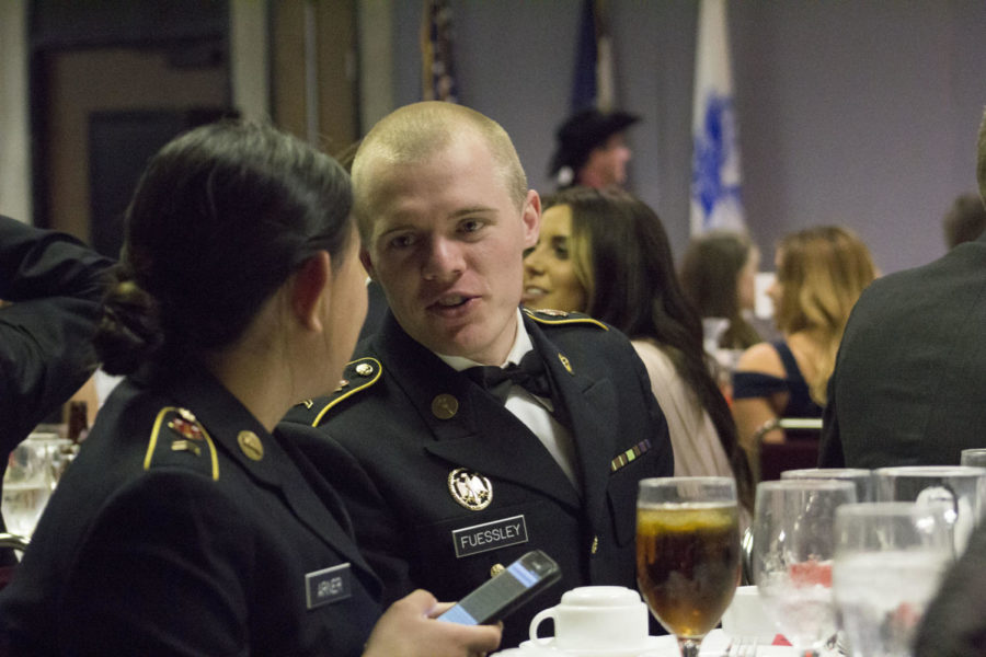 Junior Zachary Fuessley smiles at sophomore Lauren Arner at the Annual Cyclone Battalion Military Ball. The Annual Cyclone Battalion Military Ball was hosted by Cyclone Battalion Army ROTC in the Scheman Building on March 25. The Cyclone Battalion consists of Cadets from ISU, Drake, Buena Vista University and Grand View University. 