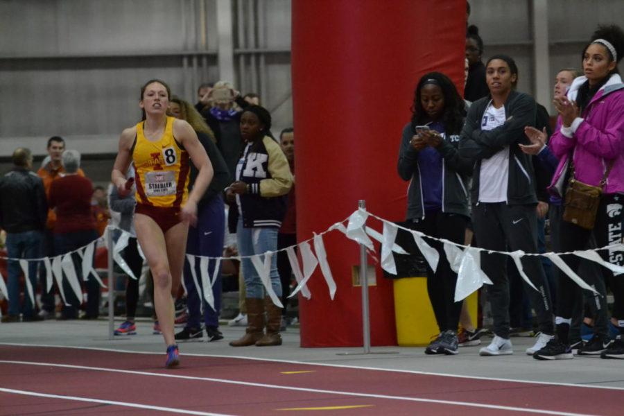 Sophomore Jasmine Staebler anchors the 4x400m relay during the Big 12 Conference Meet in Lied Rec Facility Feb. 25. The 4x400 relay team finished 9th overall. 