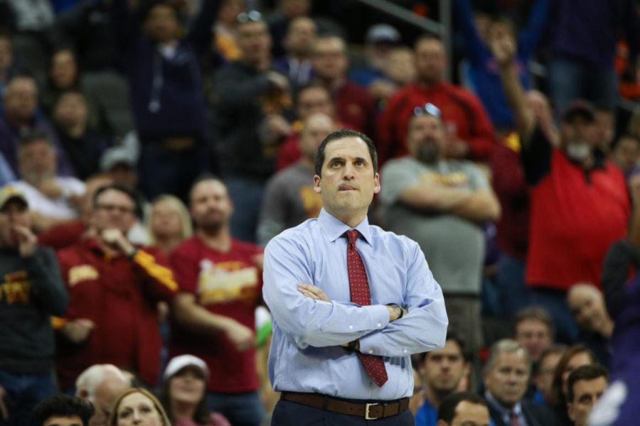 Iowa State head coach Steve Prohm watches his players during their semifinal game of the Big 12 Championship in Kansas City, Missouri March 10. The Cyclones 84-63 win over TCU will give Steve Prohm his first championship game with the Cyclones. 