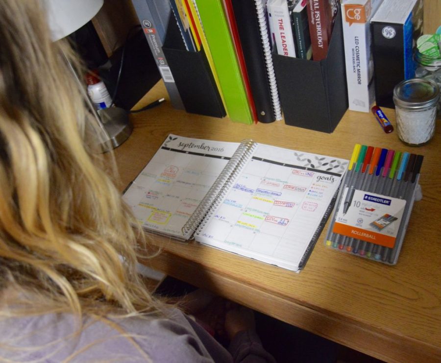 Daily reporter Lesa Wicks, freshman in journalism, displays her organized planner and offers tips. 