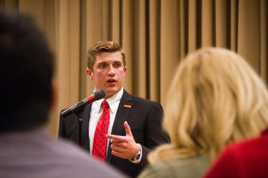 Student Body President Cole Staudt responds to questions during a town hall meeting Nov. 29, 2016 in the Memorial Union. 