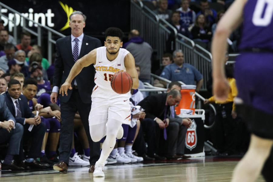 Iowa State senior Nazareth Mitrou-Long sprints down the court during the Cyclones' semifinal game against TCU at the Big 12 Championship in Kansas City, Missouri March 10, 2017. Long played for 34 minutes in the Cyclones 84-63 win over the Horned Frogs. 