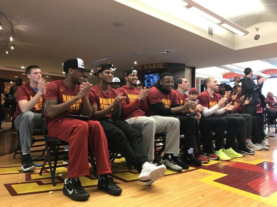 Iowa State cheers when the bracket is revealed for the 2017 NCAA Tournament. The No. 5 Cyclones will play No. 12 Nevada in Milwaukee, Wisconsin. 