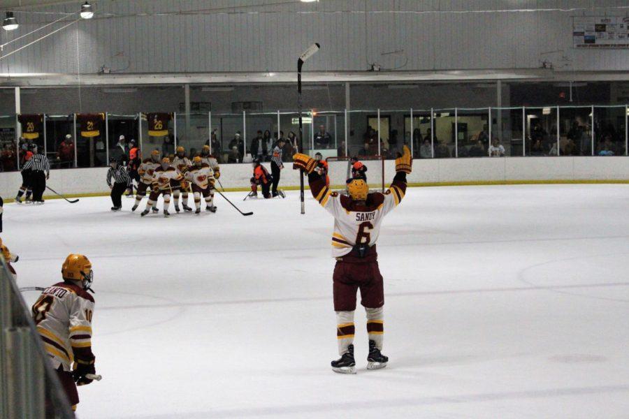Nick Sandy celebrates Trevor Sabos goal bringing the score to 6-0 18:49 into the third period. The Cyclones carried on to win against Midland with the final score being 6-0.