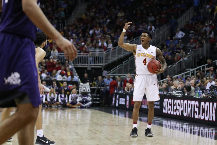 Iowa State junior Donovan Jackson pumps up the crowd after keeping the ball at the end of the Cyclones 84-63 win over TCU at the semifinal round of the Big 12 Championship in Kansas City, Missouri.