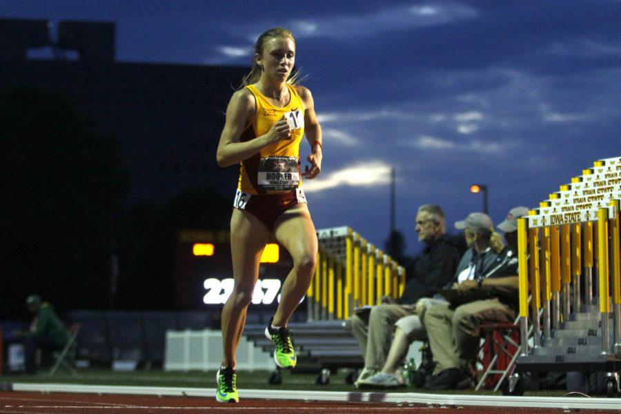 Redshirt junior Erin Hooker competes in the 10,000-meter run at the Big 12 Outdoor Track & Field Championships on May 15, 2015 at the Cyclone Sports Complex in Ames, Iowa.