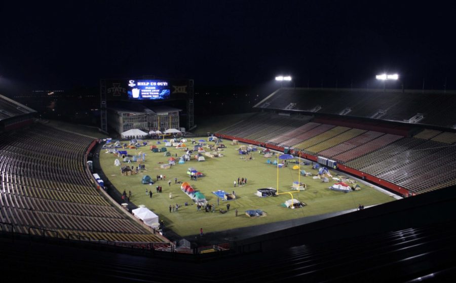 Participants of Reggie's Sleepout sleep on the field of Jack Trice Stadium in tents and cardboard shelters on March 25. The event raised money for homeless children in Iowa.