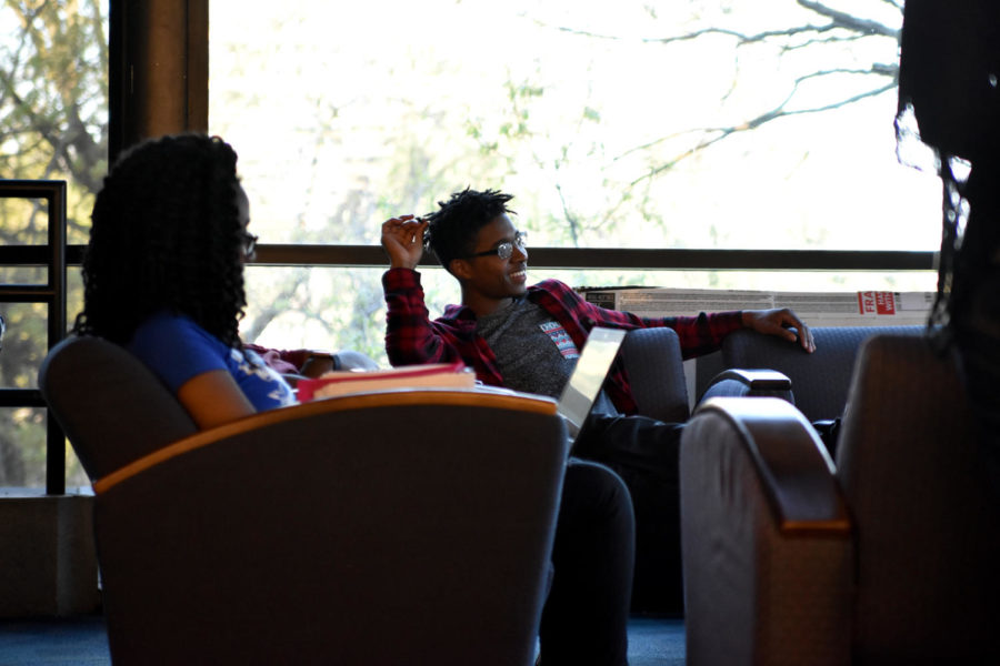 DeVaughn Jones, sophomore in biochemistry, takes a break from studying outside of the tent on third floor of Parks Library on April 25.