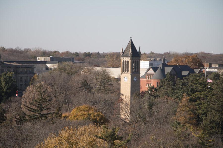The view of the Campanile from Geoffroy Hall. Geoffroy Hall is Iowa States newest residence hall and is located on Lincoln Way. 
