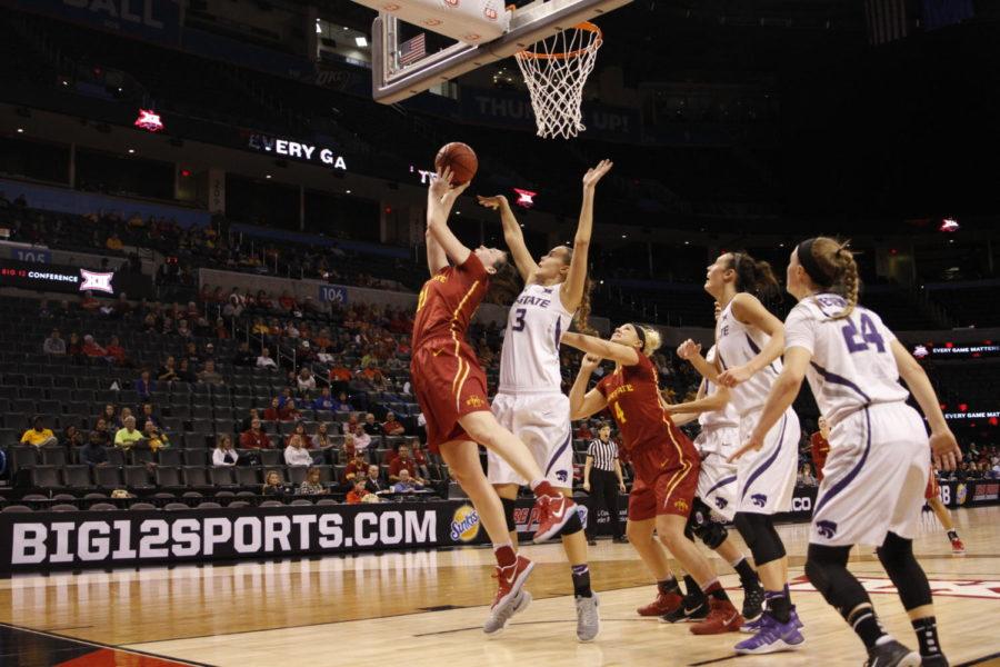 Iowa State sophomore Bridget Carleton puts the ball up after grabbing an offensive rebound against Kansas State in the Big 12 tournament. Iowa State would fall to the Wildcats, 74-67.