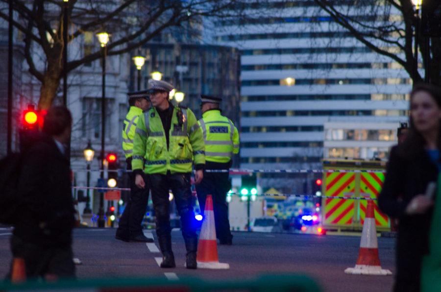 A view of the blocked off street and the area Westminster after attack in London on March 22. Police directed traffic and pedestrians as they commute near the area of Big Ben and Houses of Parliament.